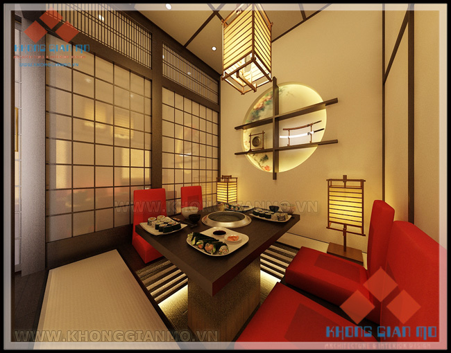 Thiết kế nội thất nhà hàng Nhật - Phối cảnh 3D phòng VIP 1 - Đây là loại phòng ăn kiểu Nhật có diện tích nhỏ. Do đó các KTS của Không Gian Mở đã sử dụng một tông màu đỏ để tạo độ sáng cho phòng.